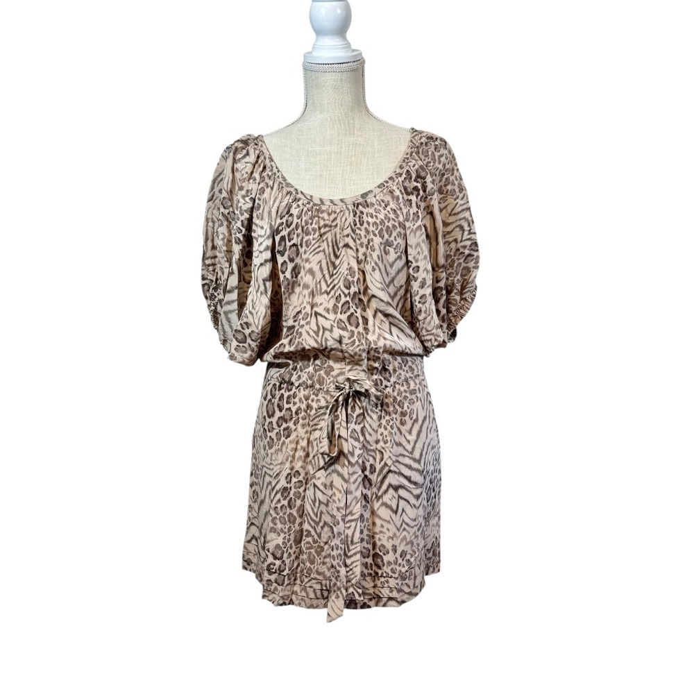 Rebecca Taylor Animal Print Silk Mini Dress Sz 10 Blouson Balloon Sleeve Pockets